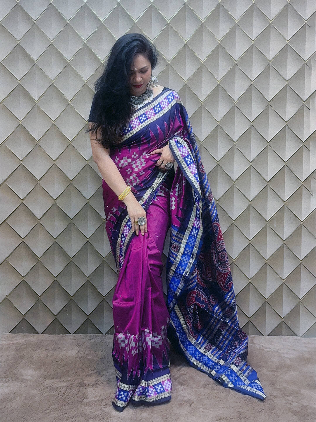 DARK PINK AND ELECTRIC BLUE PASAPALI SAMBALPURI  PATA SAREE